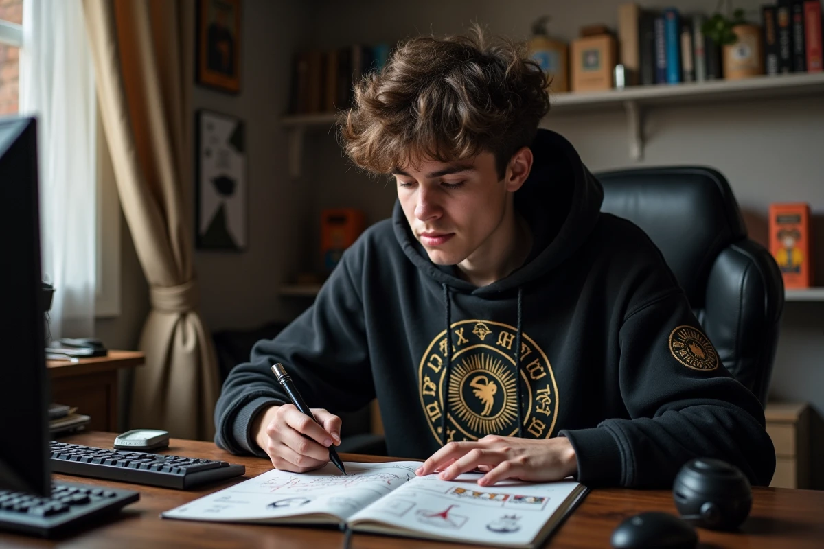 Jeune homme gamer concentré avec notepad et décor fantasy