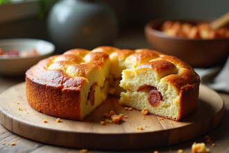 Gâteau salé tranché avec chorizo et chèvre sur planche en bois