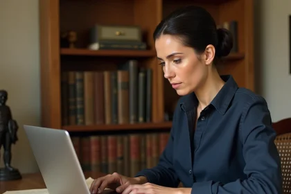 Femme utilisant un générateur de lettre en ligne sur son ordinateur portable entourée de documents historiques napoléoniens