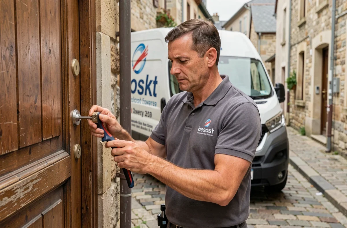 Gérald Jolivet, serrurier indépendant, examine une serrure cylindrique sur une porte en bois dans une rue en Haute-Loire