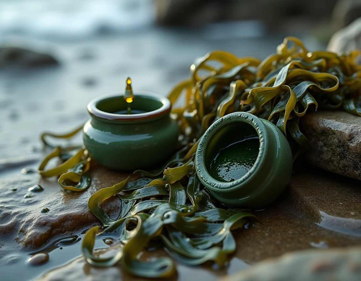 Algues goémon fraîches sur des rochers bretons en bord de mer avec un flacon de sérum cosmétique aux extraits marins