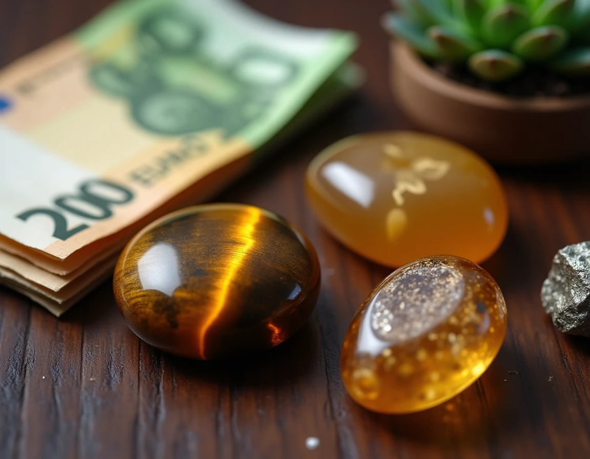 Gros plan de pierres porte-bonheur pour l'argent incluant œil de tigre, pyrite et citrine sur bois foncé