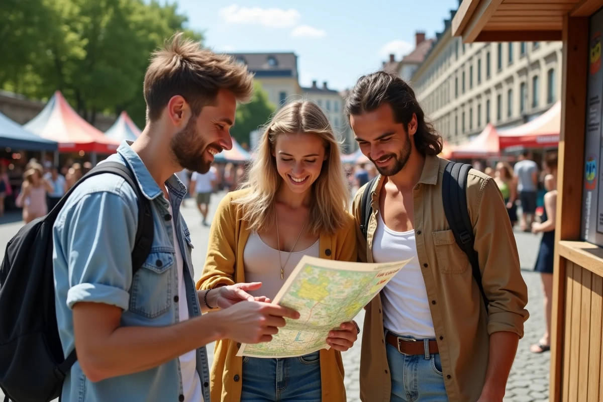 Groupe d'amis consultant un plan lors d'un festival de musique à Lyon