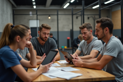 Groupe d adultes en CrossFit autour d une table à l intérieur