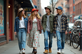 Groupe de jeunes adultes en mode années 90 en ville