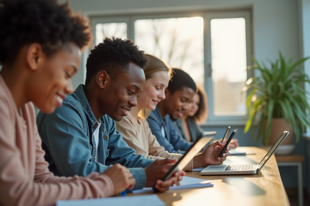 Groupe de jeunes adultes collaborant avec des tablettes dans une salle lumineuse