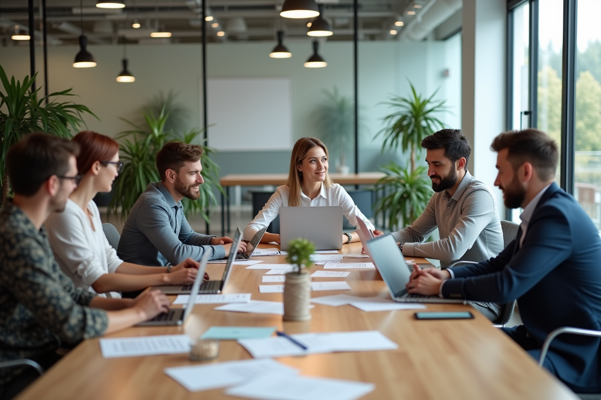 Groupe de professionnels en coworking discutant marketing