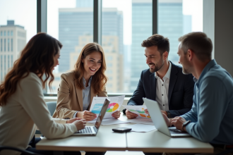 Groupe de quatre adultes en réunion de collecte de fonds