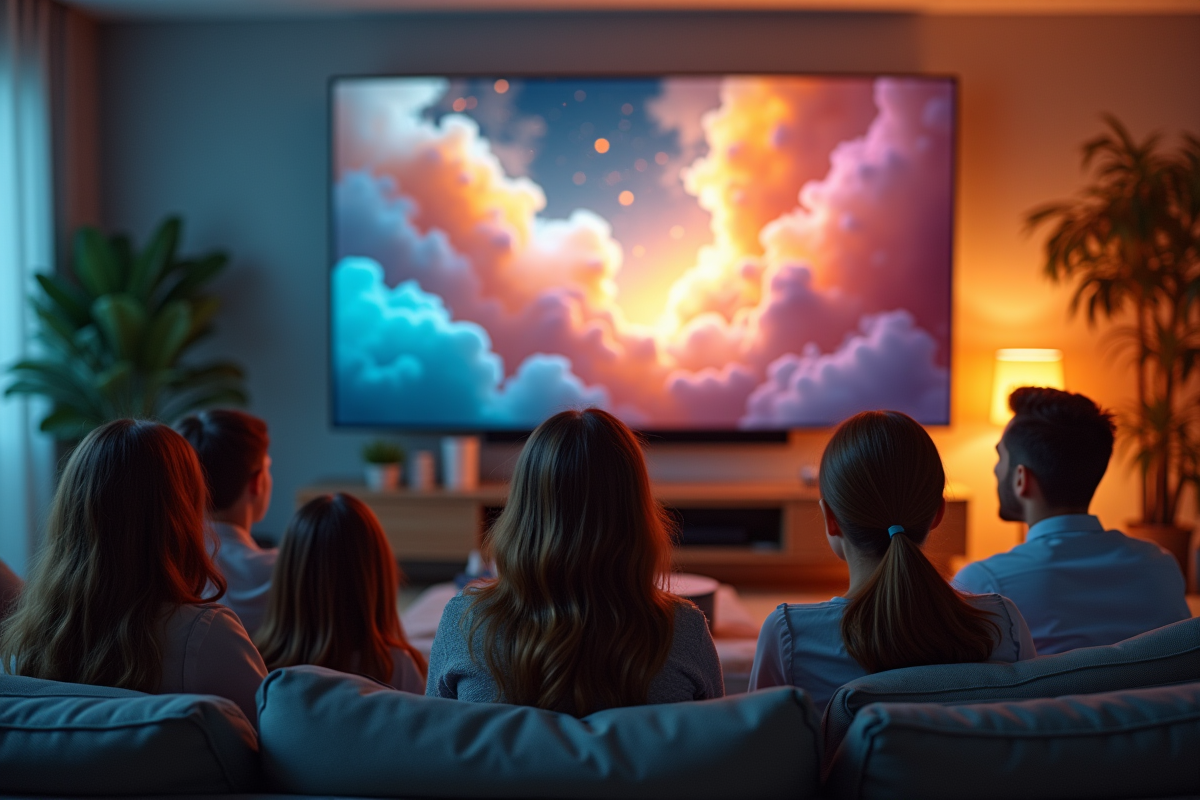 Groupe regardant une télévision en haute définition dans un salon moderne