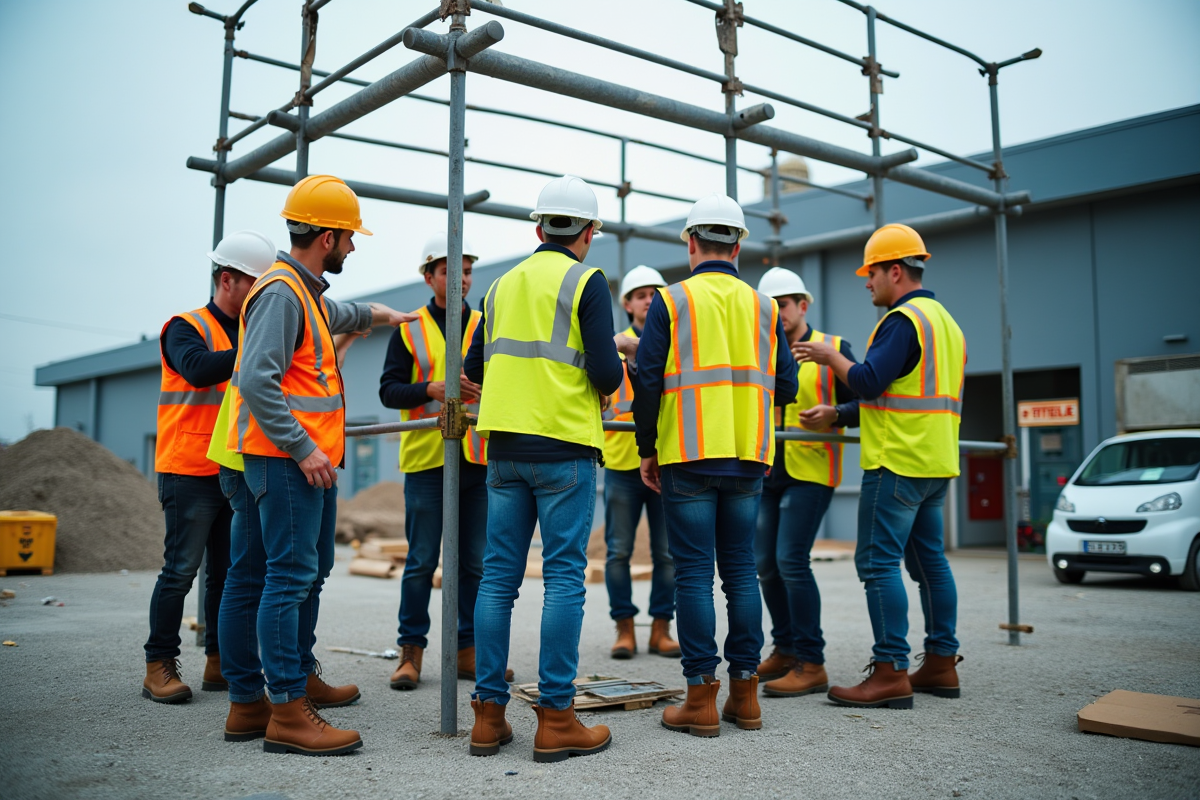 Groupe divers de travailleurs assemble un echafaudage en extérieur