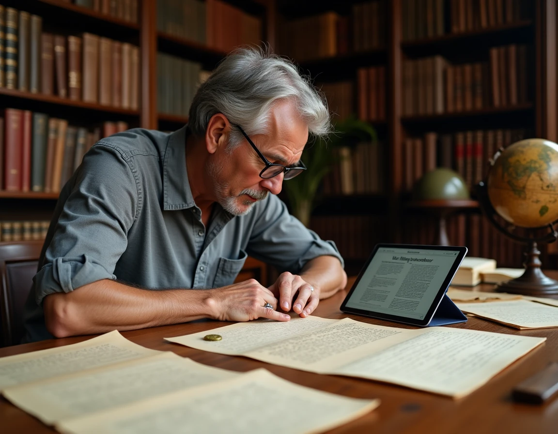 Historien comparant une lettre napoléonienne imprimée avec un générateur de lettres sur tablette dans une salle d'archives