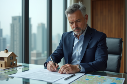 Homme d'affaires en costume bleu examinant des documents immobiliers