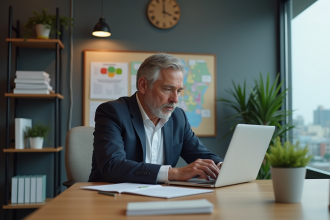 Homme d'affaires au bureau consulte un site d'urbanisme