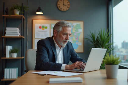 Homme d'affaires au bureau consulte un site d'urbanisme
