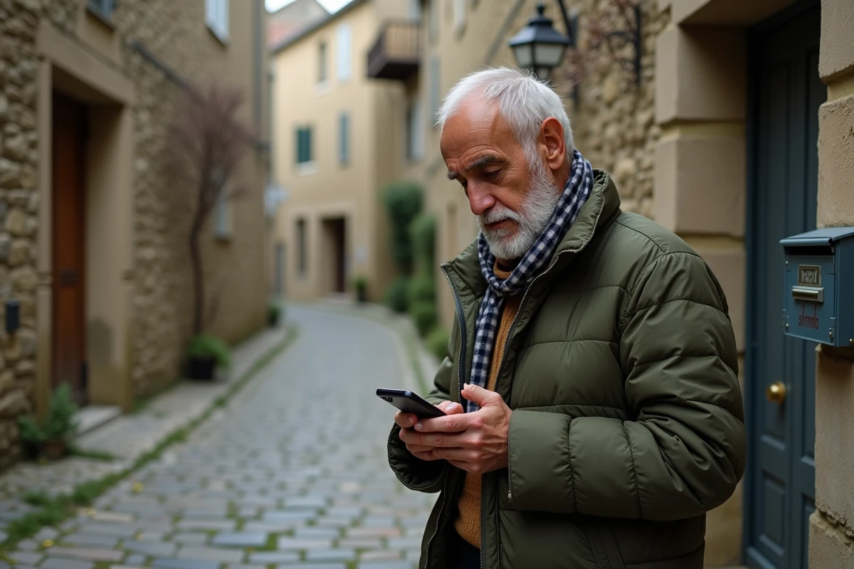 Homme âgé consultant les horaires de prière sur smartphone dans une rue pavée d'Auvergne