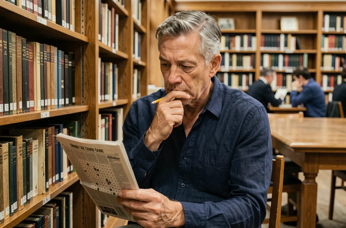 Homme en bibliothèque réfléchissant à une définition de mots croisés tenant un journal et un crayon