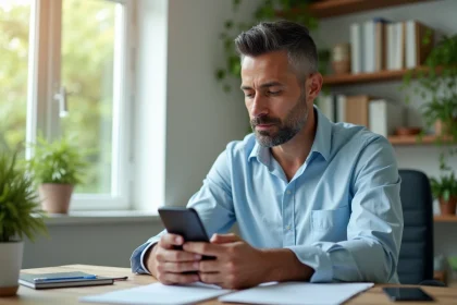 Homme d'&acirc;ge moyen v&eacute;rifiant l'heure sur son smartphone dans un bureau
