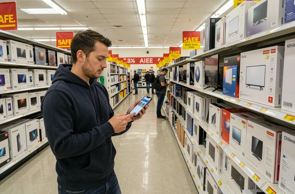 Homme comparant les prix sur smartphone dans le rayon high-tech d'un grand magasin lors des soldes Cyber Monday