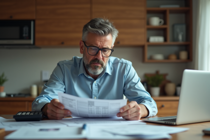 Homme d'âge moyen préoccupé par ses factures dans la cuisine