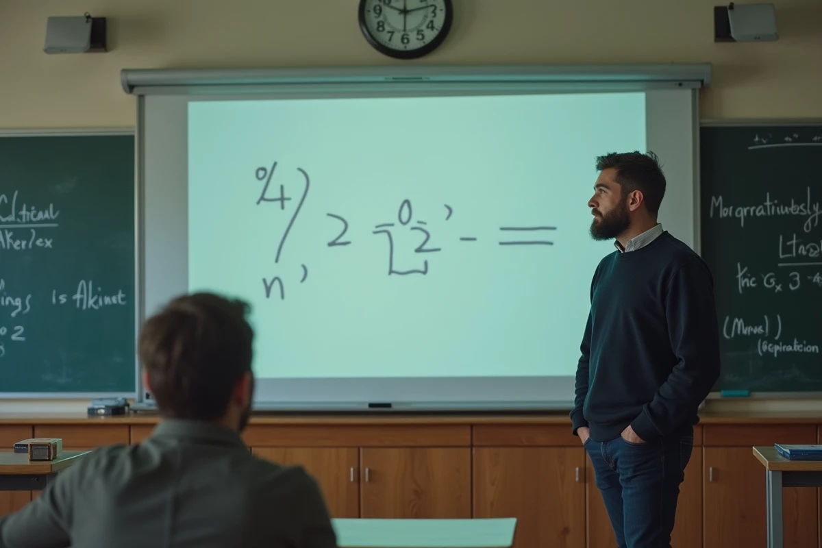 Homme perplexe devant tableau avec symboles mathématiques