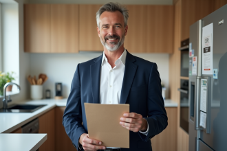 Homme en blazer blanc tenant un certificat DPE dans une cuisine moderne
