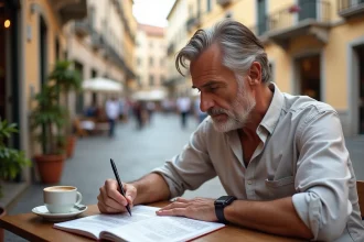 Homme d'âge moyen faisant une grille de mots croisés en plein air en Italie