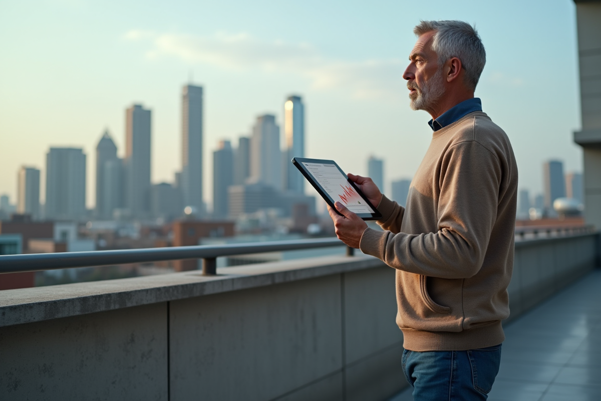 Homme surpris montrant croissance crypto sur tablette en ville