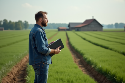 Homme d'âge moyen dans un champ cultivé regardant l'horizon