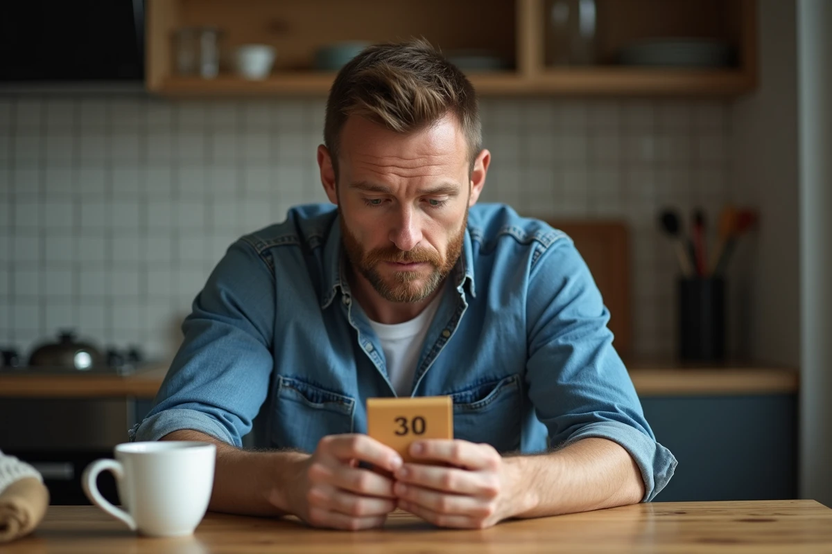 Homme d'âge moyen examinant un sachet de tabac dans la cuisine