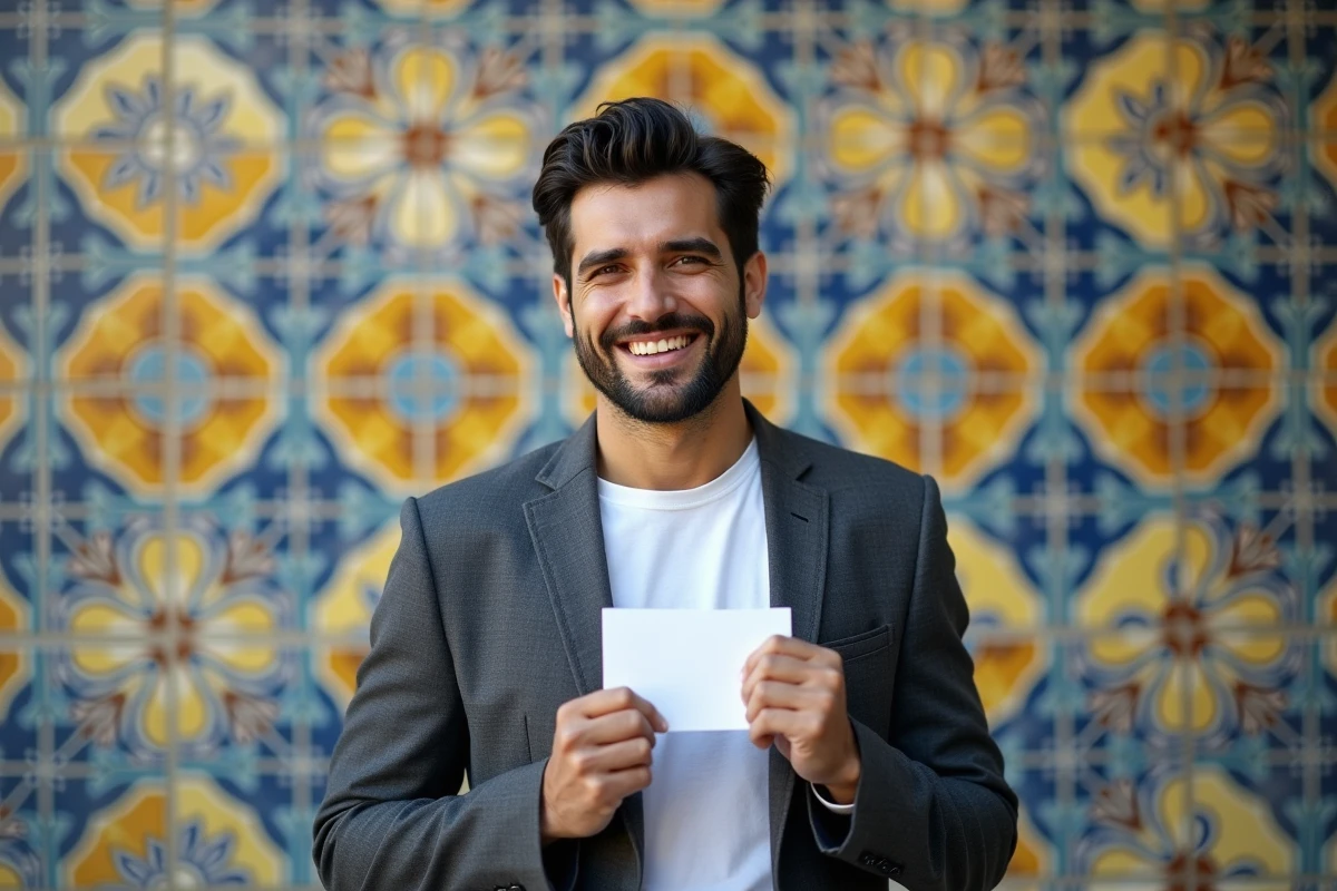 Homme souriant tenant une déclaration d'amour en espagnol devant un mur de carreaux colorés