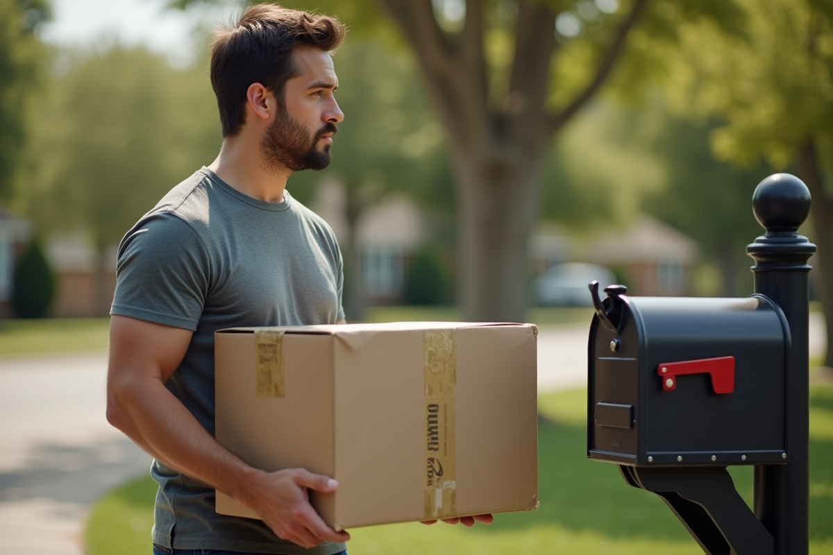 Homme tenant un colis Vinted devant une boîte aux lettres