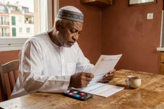 Homme consultant l'horaire de prière de Marseille 13015 sur une feuille imprimée et un smartphone