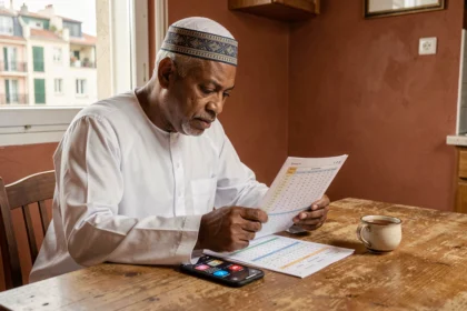 Homme consultant l'horaire de prière de Marseille 13015 sur une feuille imprimée et un smartphone