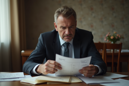 Homme inquiet en costume regardant ses factures