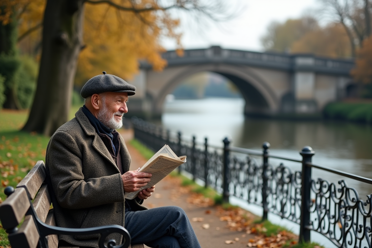 Homme âgé lisant un journal dans un parc tranquille