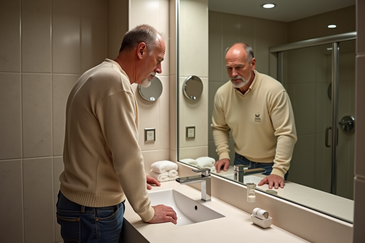 Homme regardant son reflet dans un miroir de salle de bain d