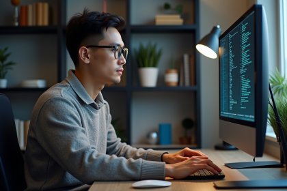 Jeune homme concentré utilisant un terminal dans un bureau moderne