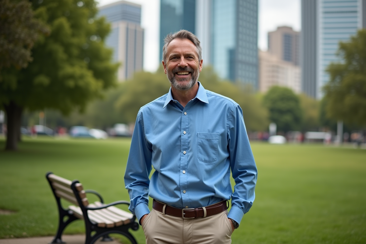 Homme souriant discutant dans un parc urbain en plein air