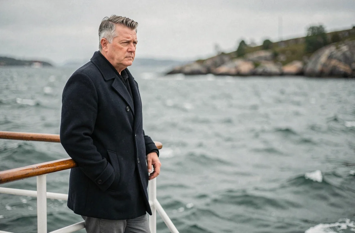 Homme pensif en manteau marine sur le ferry de Sandhamn, regard perdu vers l'horizon dans un drame policier scandinave