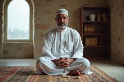 Homme musulman en djellaba blanche priant sur un tapis de prière dans une mosquée en Auvergne