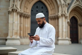 Homme musulman en djellaba priant devant la cathédrale de Reims