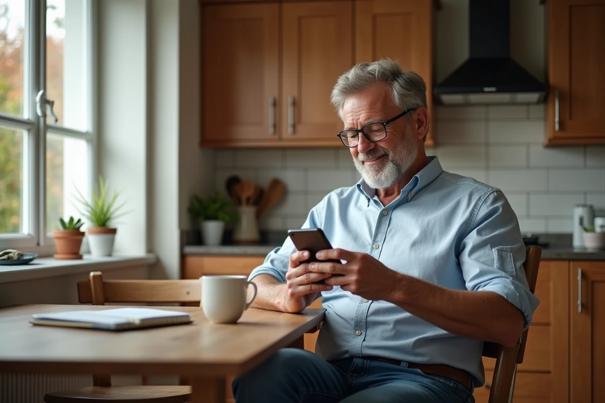 Homme mature vérifiant ses dates sur son smartphone dans la cuisine