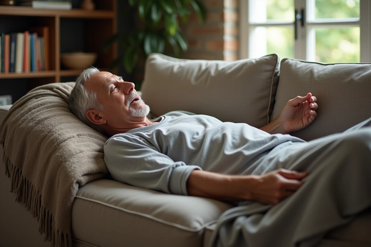 Homme âgé relaxant sur un canapé dans un salon chaleureux