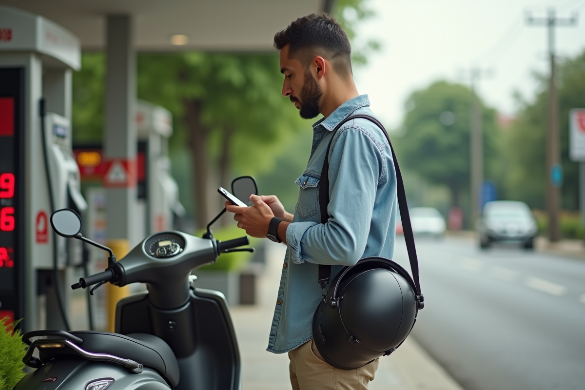 Homme vérifiant son smartphone à la station essence