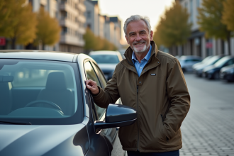 Homme français souriant près d'une voiture moderne en ville
