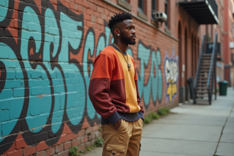 Homme noir en streetwear colorblock devant un mur graffite