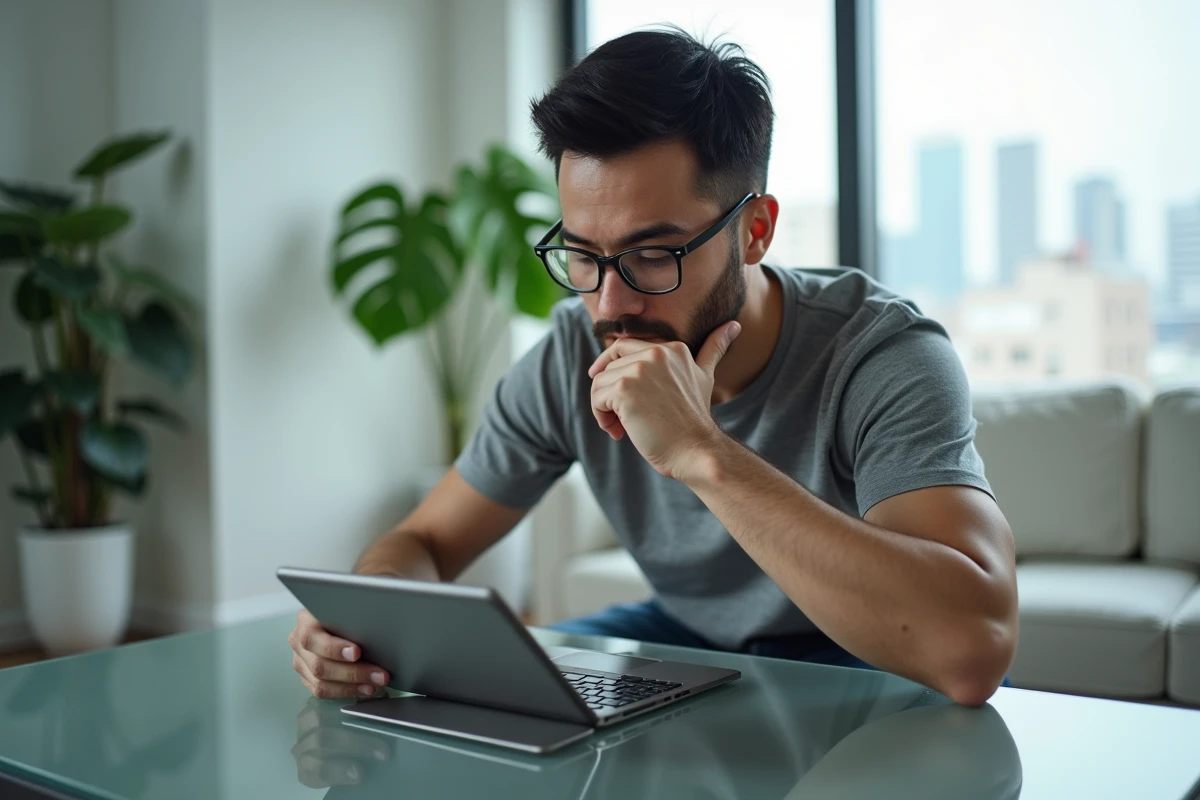 Homme avec lunettes jouant à Rooms and Exits sur tablette dans un salon minimaliste moderne, cherchant une réponse rapide