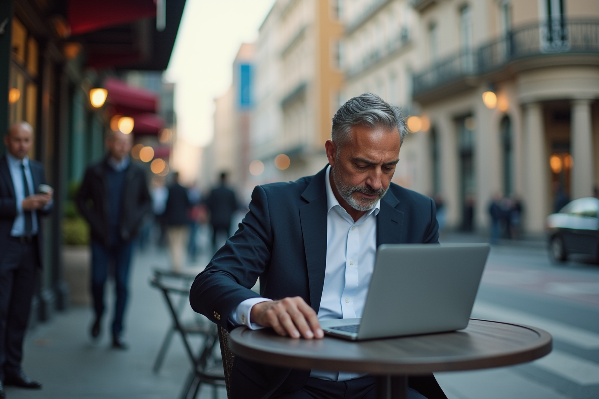 Homme en costume travaillant sur son ordinateur au café