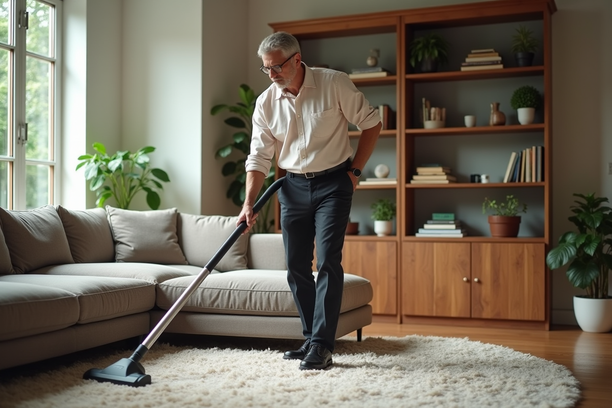 Homme en tenue décontractée aspirant un tapis dans le salon