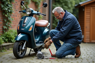 Homme vérifiant la pression des pneus de son scooter Dax en extérieur